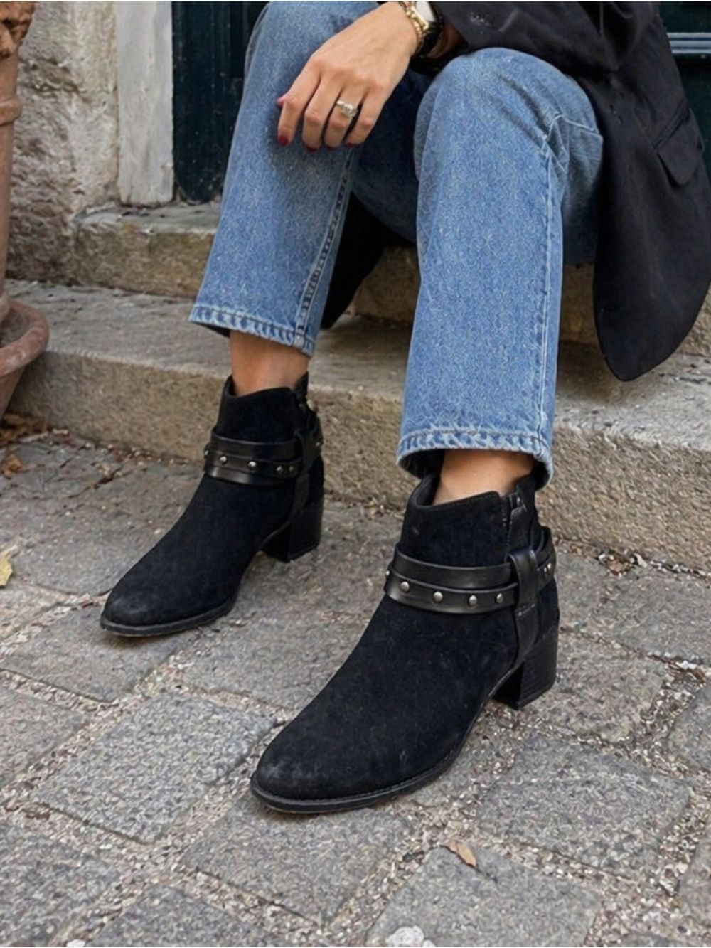 Clarks Black Leather Ankle Boots Studded Strap Block Heel Western Moto Booties